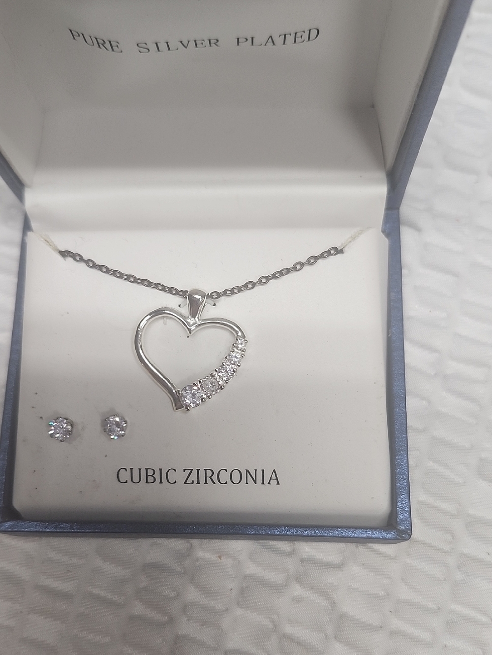 Heart Pendant Necklace and Stud Earrings Set - Silver Cubic Zirconia